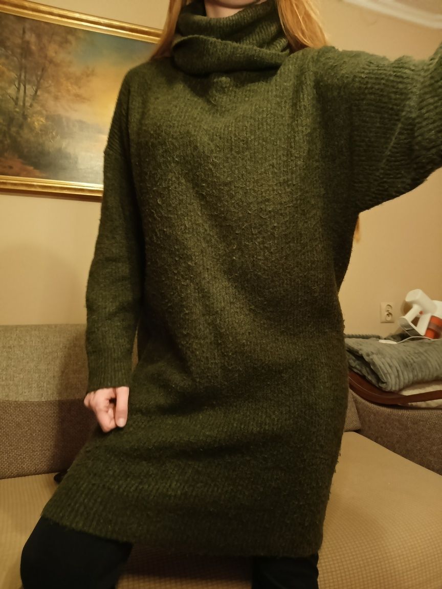 Khaki ciemno butelkowy sweter damski długi kardigan z paskiem M L