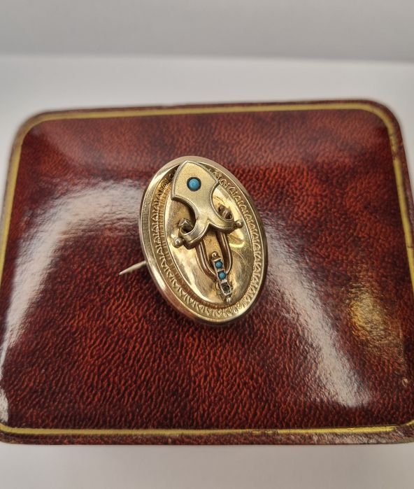 Biedermeier broszka zawieszka schaumgold złota turkusy