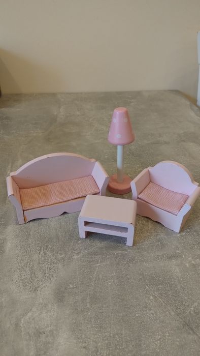Mebelki dla lalek, fotel sofa stolik kawowy, lampa
