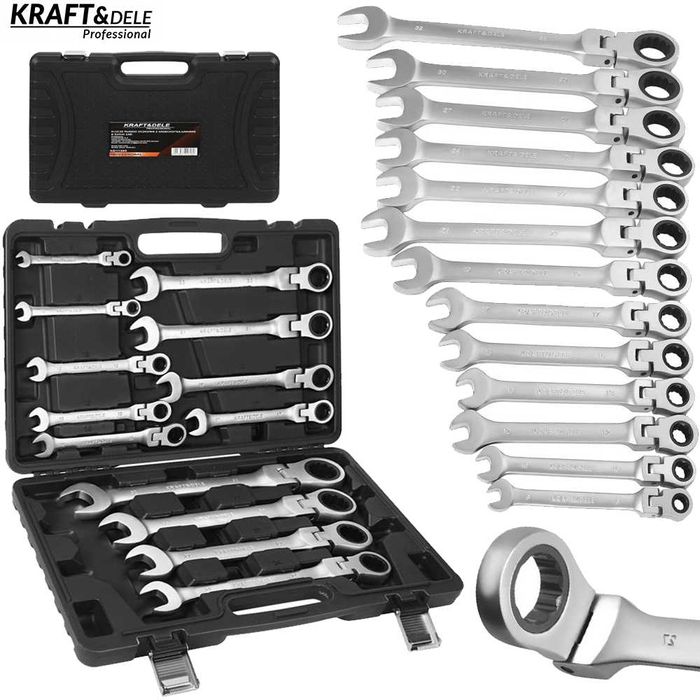KRAFT&DELE Klucze PłaskoOczkowe Grzechotką Łamane 13szt 8-32mm KD11305