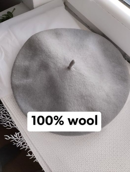 Wełniany popielaty beret damski 100% czystej wełny