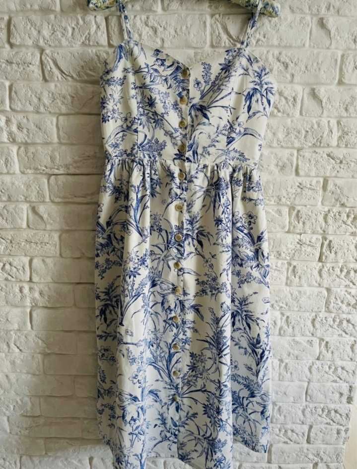 H&M biala w niebieskie kwiaty lniana sukienka na lato r.44