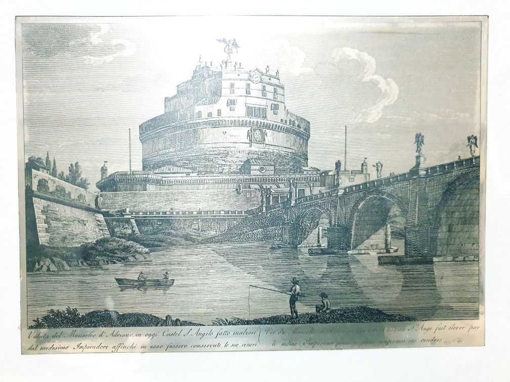 Fantástica gravura em prata "Castelo Danto Angelo em Roma"