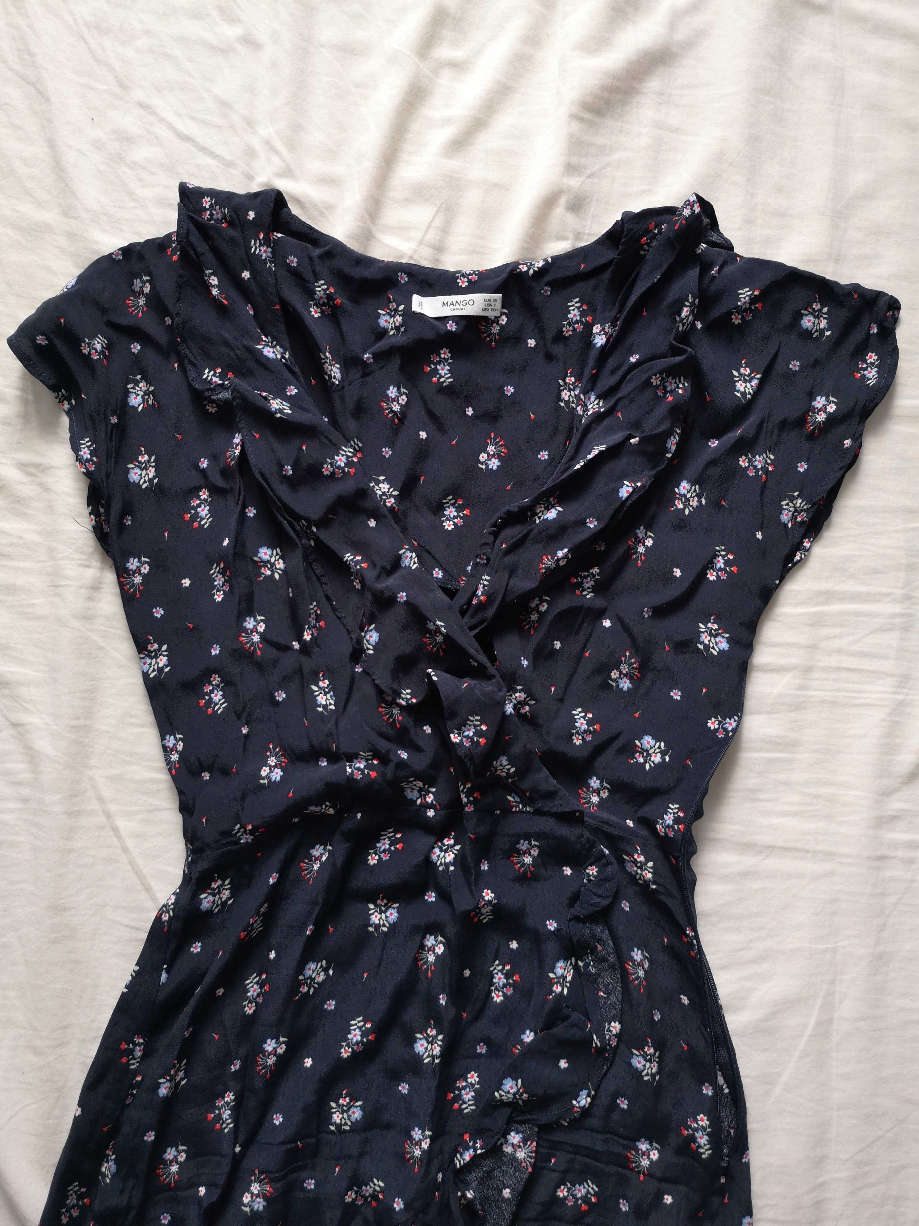 Granatowa letnia sukienka Mango XS mini falbanka