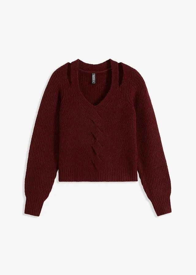 B.P.C bordowy sweter w serek z rozcięciami 40/42.