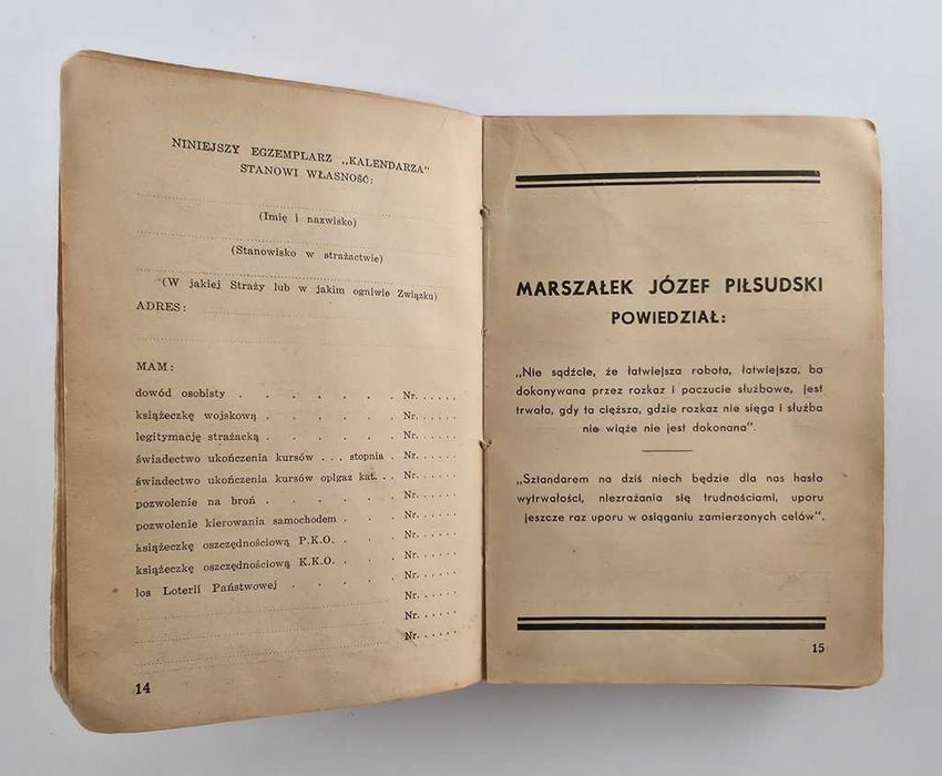 Kalendarz Oficera Strażackiego 1937 rok - II RP - Rzadkość