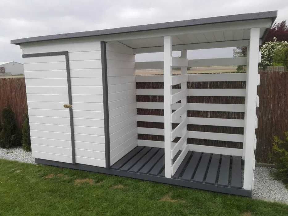 Drewutnia na drewno, drewutnia z narzędziownią, biało szara, solidna !