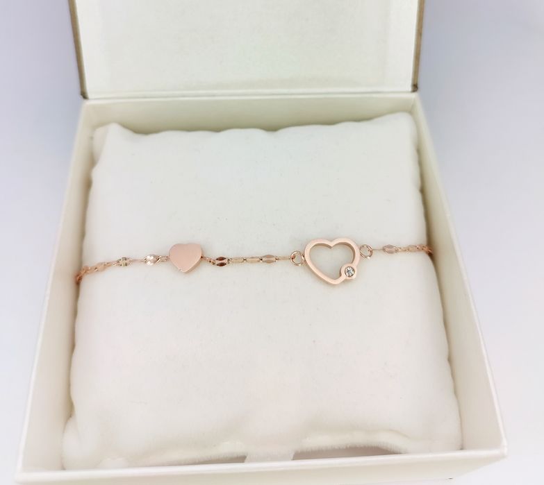 Nowa złota bransoletka z serduszkami i cyrkonią rose gold