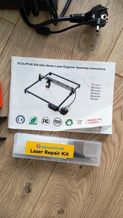 Laser Sculpfun S30 Ultra, pompa, akcesoria, sklejka, extension kit