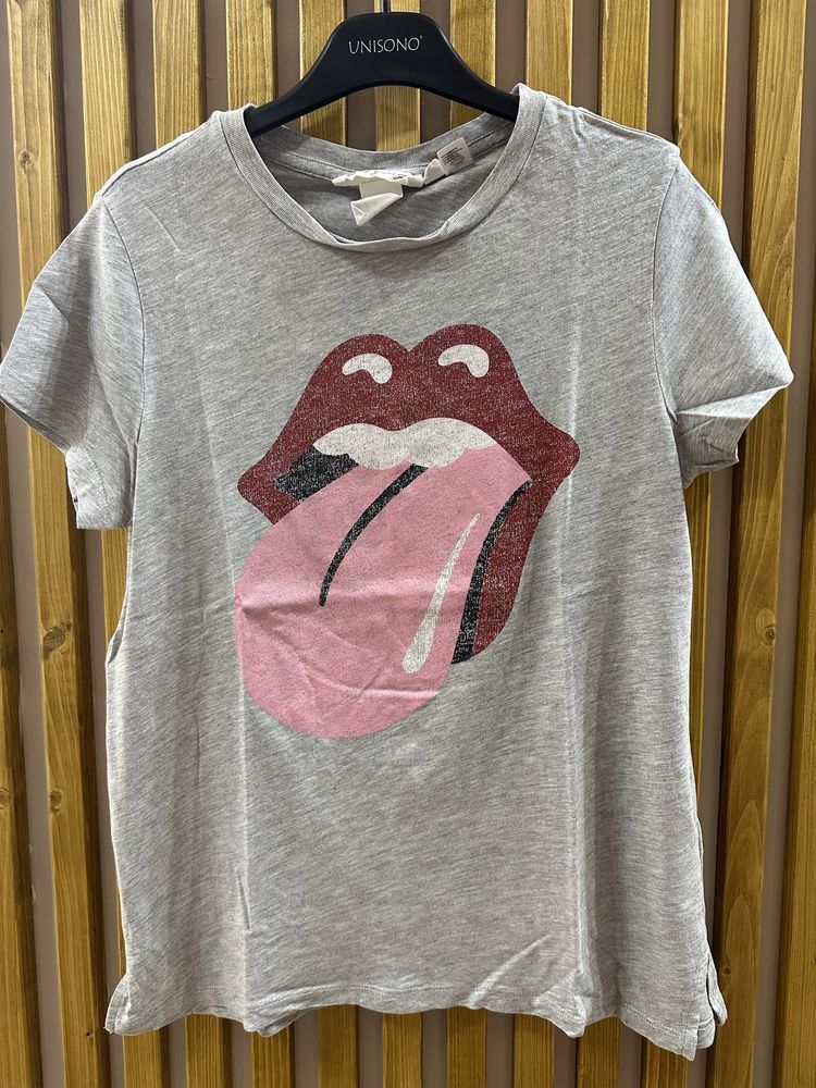 Szary t-shirt z nadrukiem języka Rolling Stones H&M