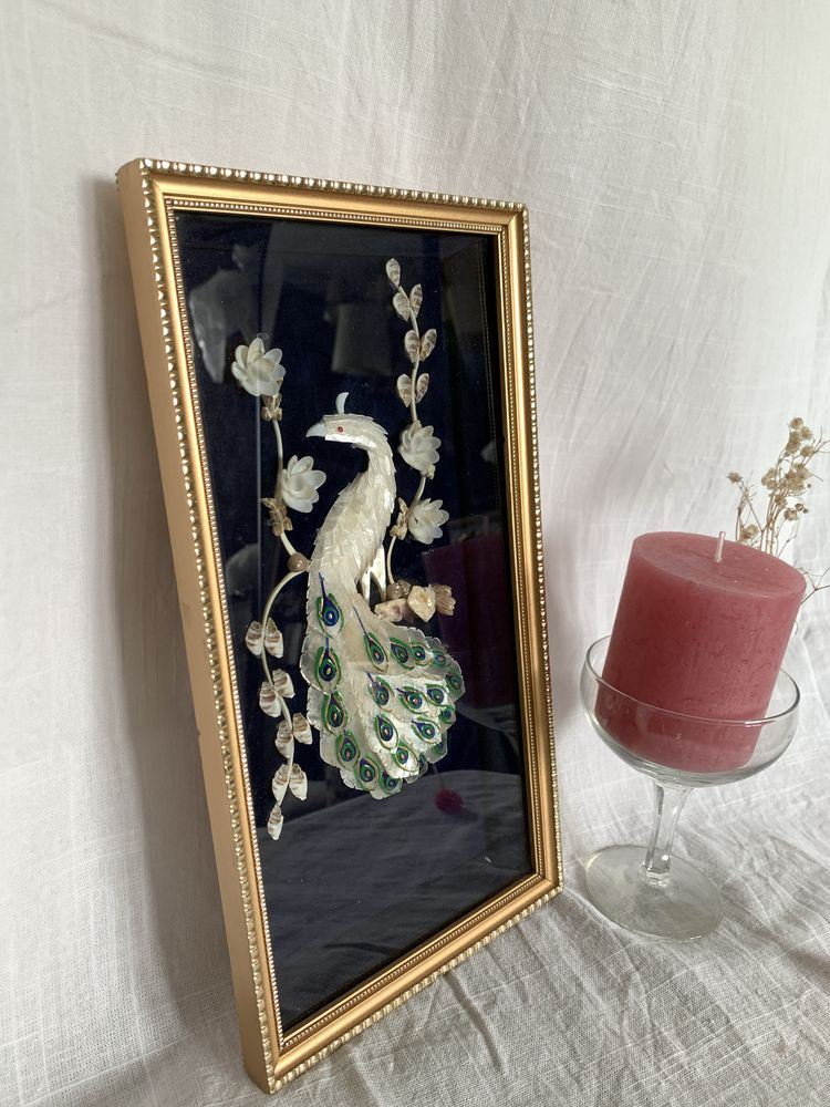 Antyk vintage diorama paw masa perlowa macica muszle hand made art