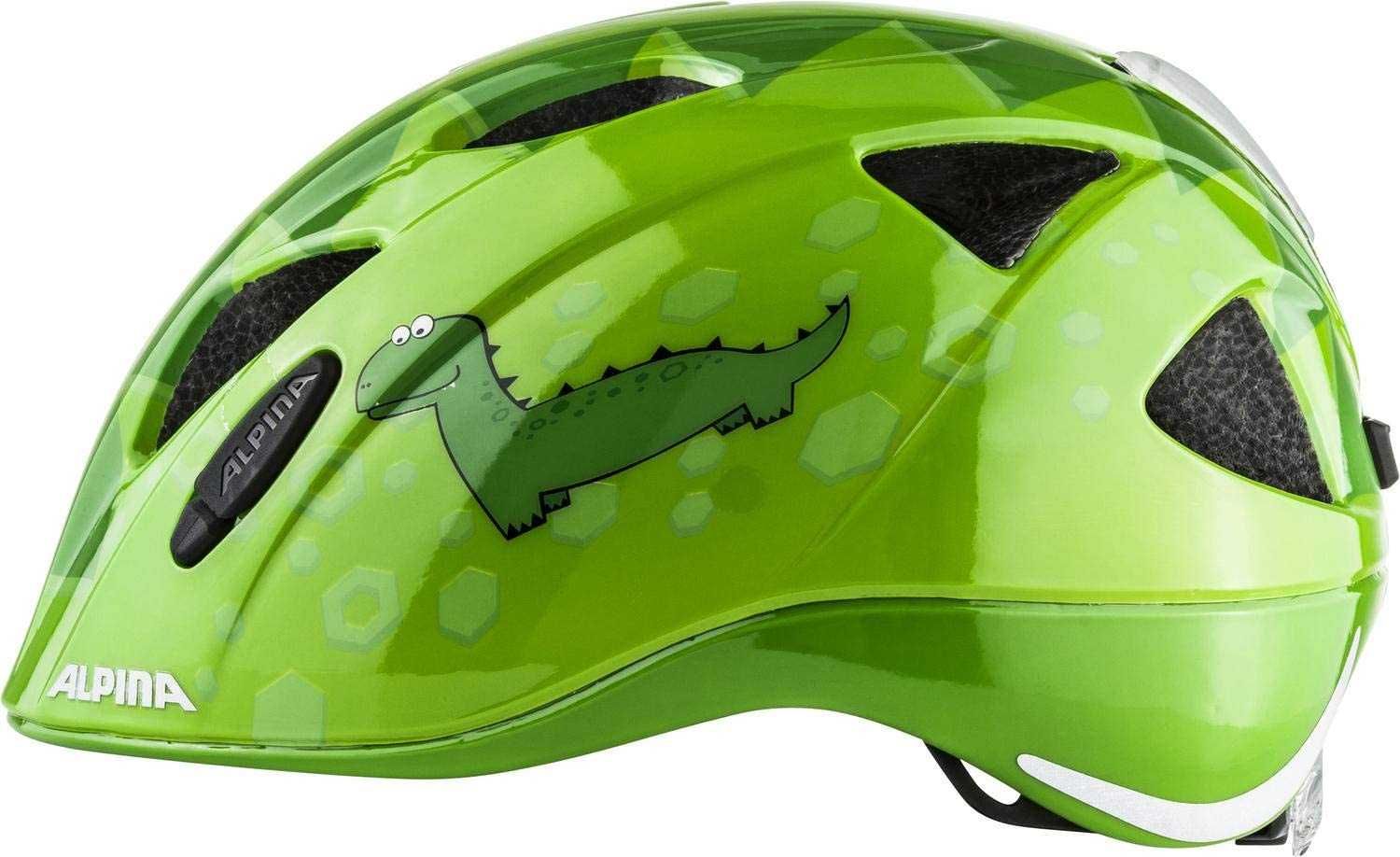 Alpina Ximo Flash 45 49 green dino kask rowerowy dziecięcy lampka