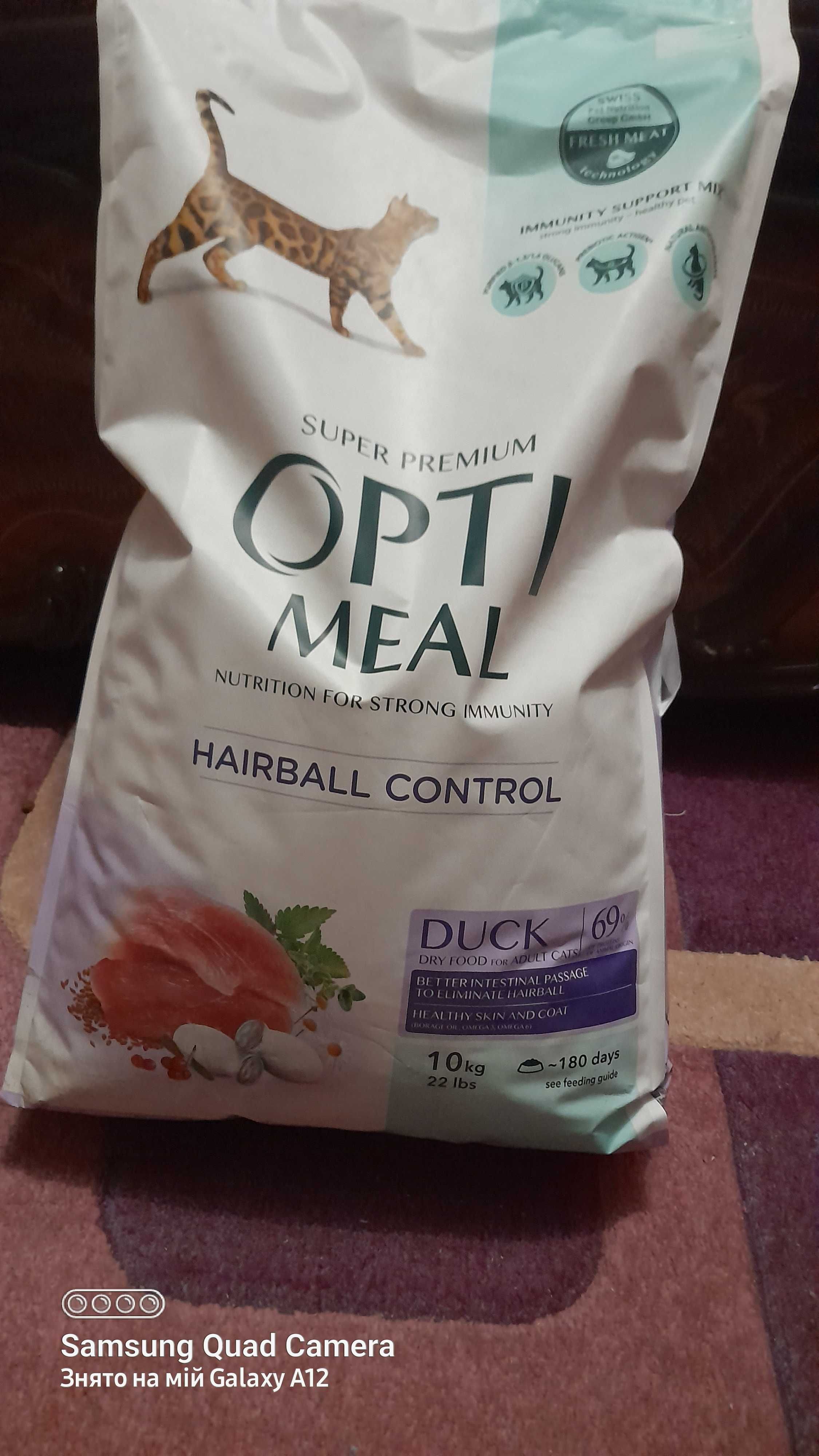 Корм для котов OptiMeal Hairball Control с уткой