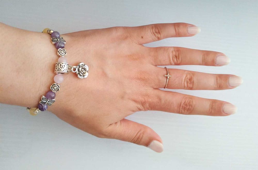 Продається браслет з натуральним цитрином, аметистом, рожевим кварцем