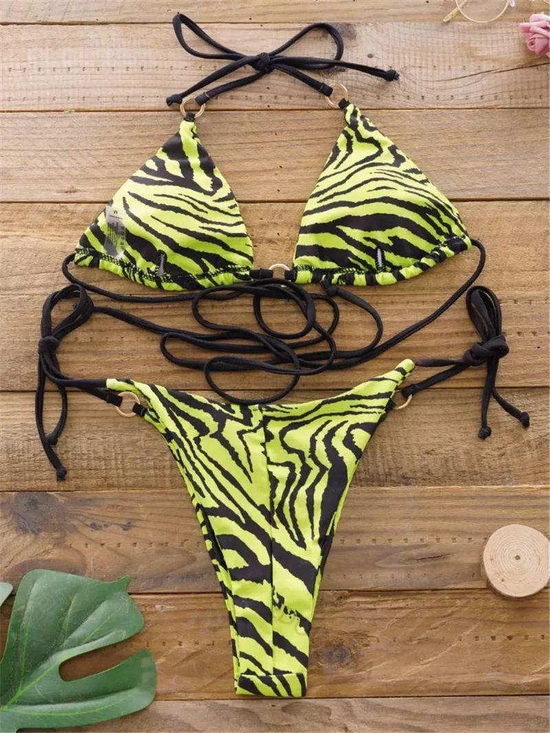 Sexy Dwuczęściowy Strój Kąpielowy BIKINI w Zebrę z Wiązaniami - L