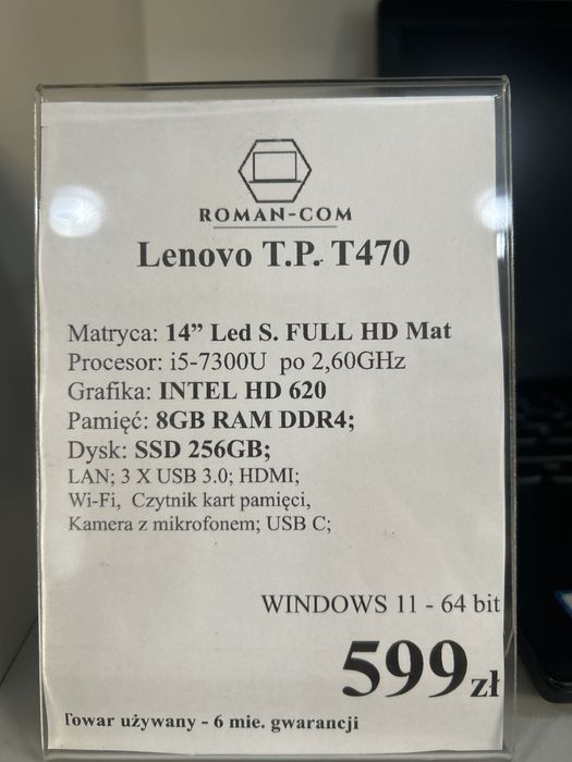 Laptop Poleasingowy Lenovo T470/SSD 256GB/DDR4-8GB/i5-7300 2,6GHz/14"/