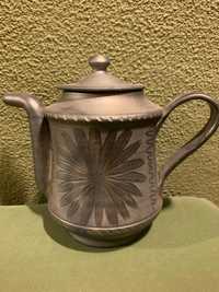 Serviço  de chá em barro cinzento - decoração artesanal, vintage