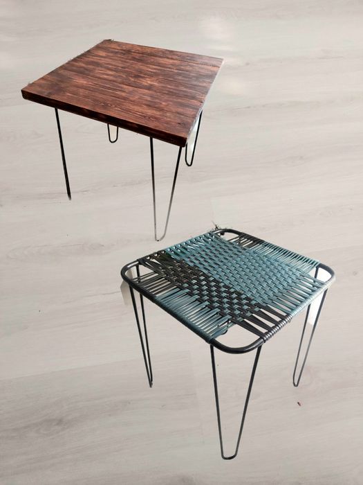 Stolik PRL z metalowymi nogami plecionka pcv + gratis drewniany blat