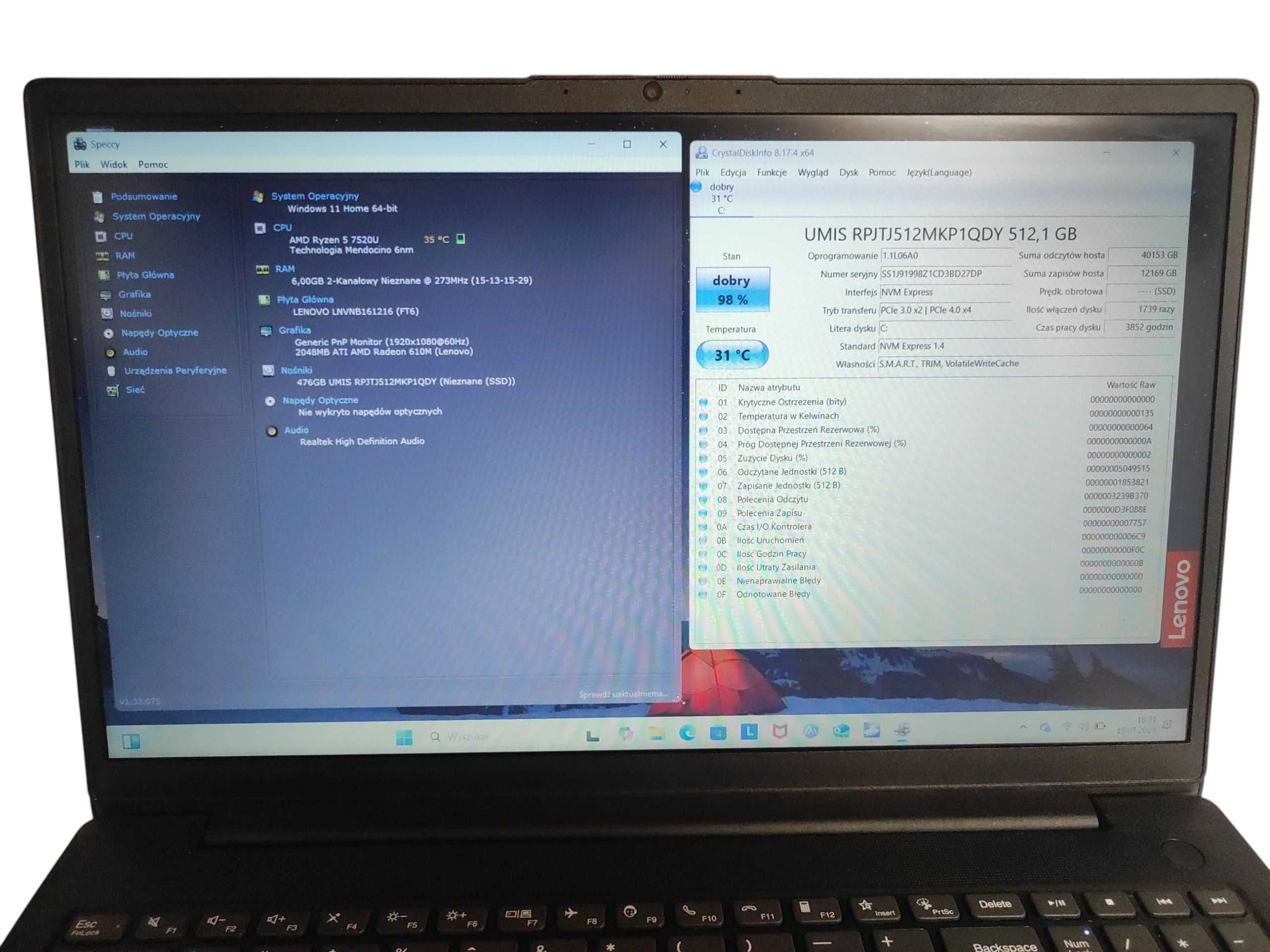 Laptop Lenovo v15 g4 amd ryzen 5 7520u / 8gb / 512 gb gwar. 27.03.2027