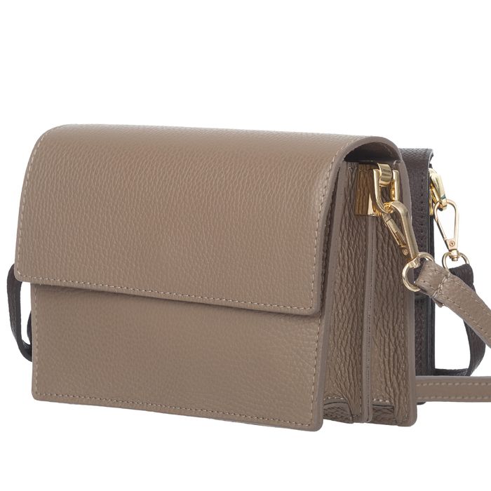 VERA PELLE torebka skórzana listonoszka z klapą i paskiem V606 c.taupe