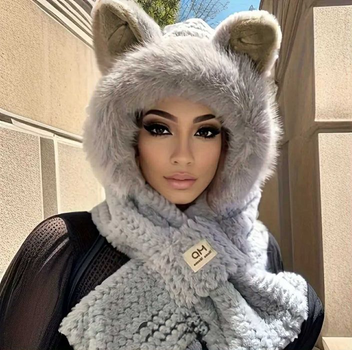 CZAPKA USZATKA zimowa damska dziewczęca KOCIE USZY kaptur z szalem