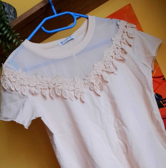 NOWA bluzka 36/38 S M  jasny beż dół wiązany SZACHOWNICA