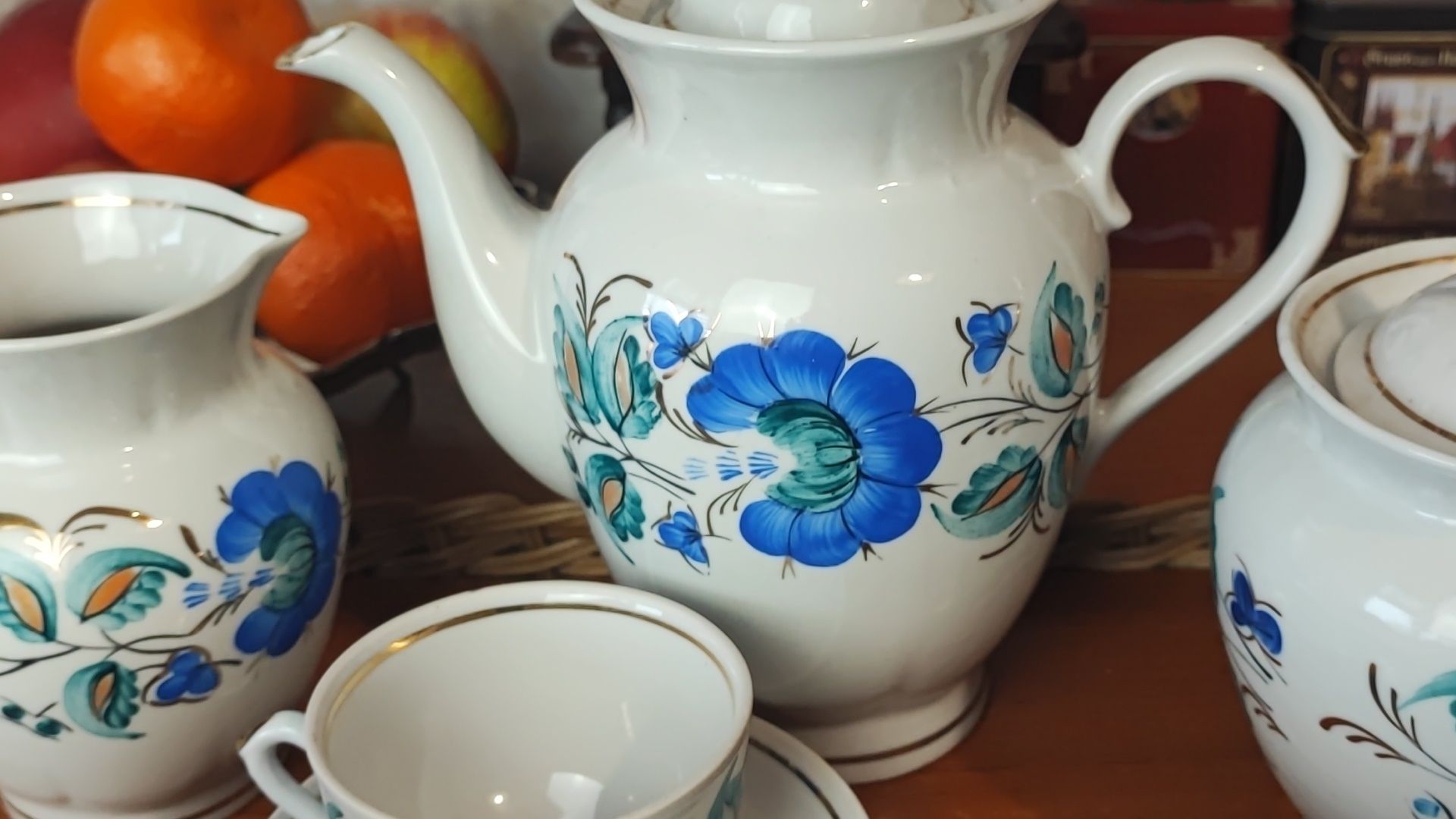 Kawowy serwis "Niebieski kwiat" RĘCZNIE malowany Porcelana ZSRR CCCP