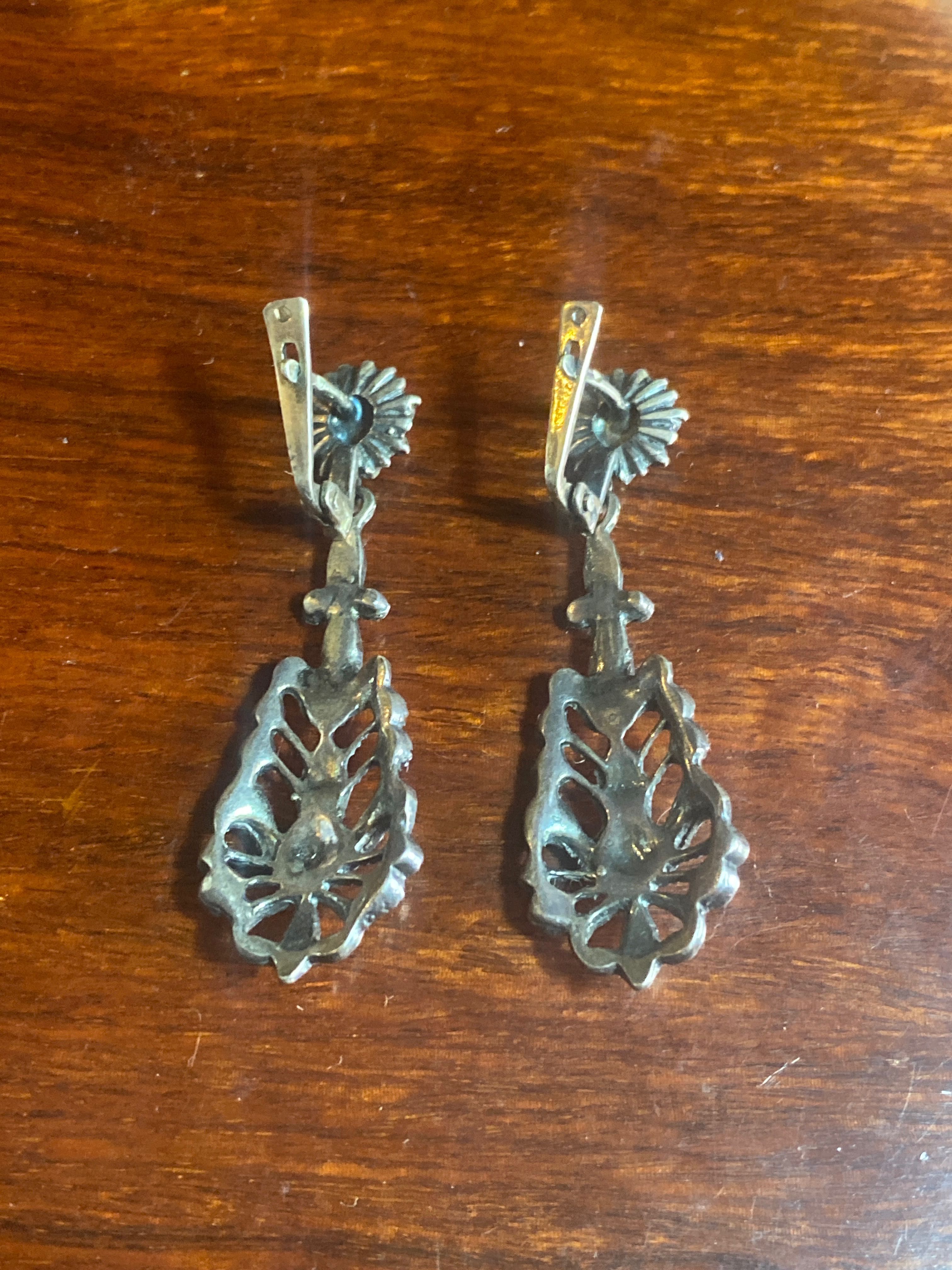 Brincos Turquesa Prata portuguesa contrastada 835 Antigos 4,3 cm