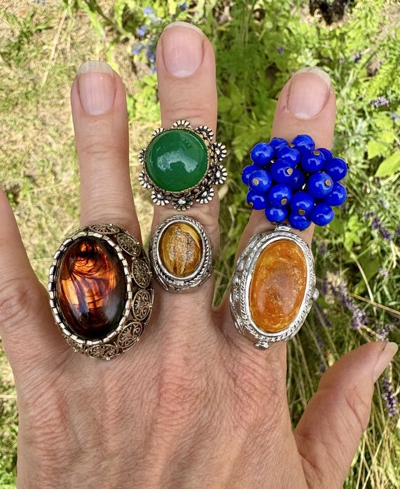 Stare pierścionki z bursztynem nie Srebro z PRL vintage unikat bizu