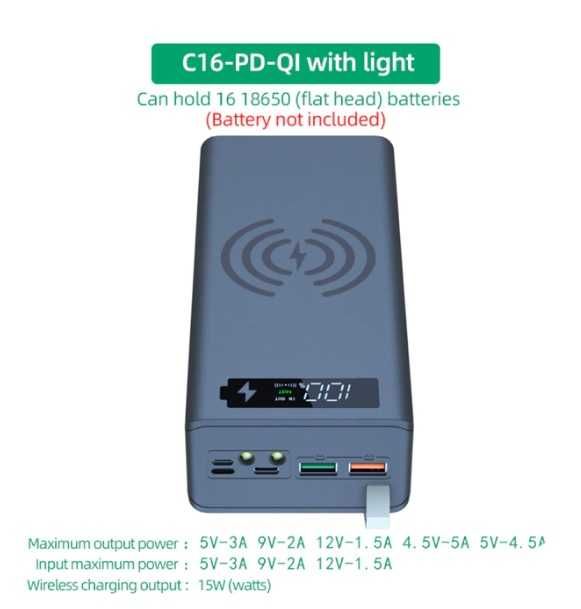 Корпус 16*18650 с очень быстрой и беспроводной зарядкой C16 PD QI