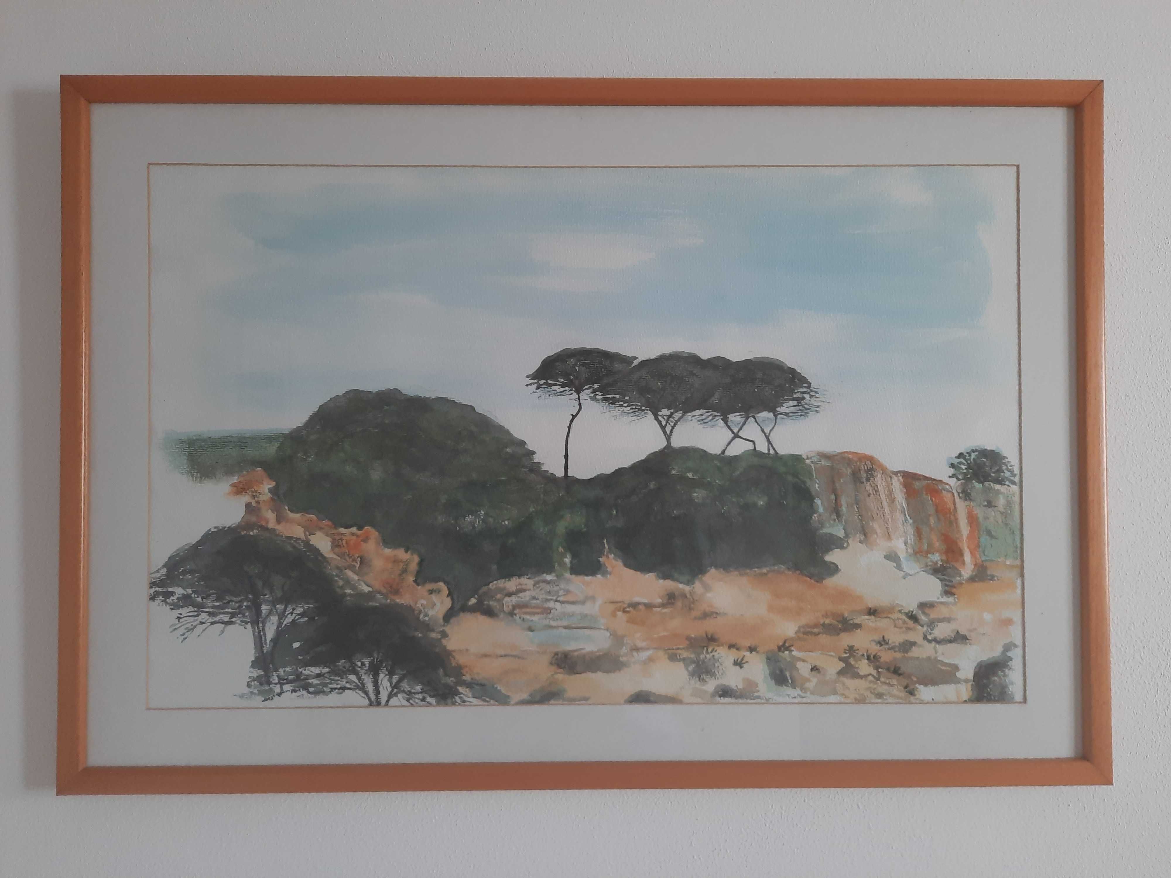 Pintura aquarela com quadro de madeira e vidro, 83x57cm