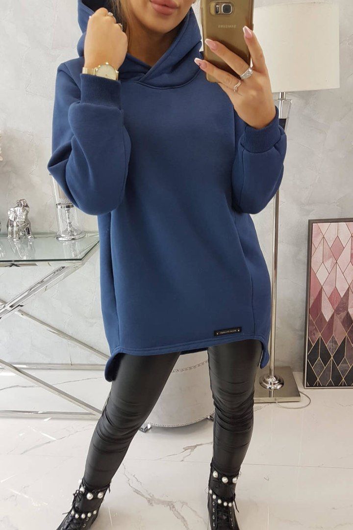 Bluza ocieplana jeansowa z kapturem, asymetryczna