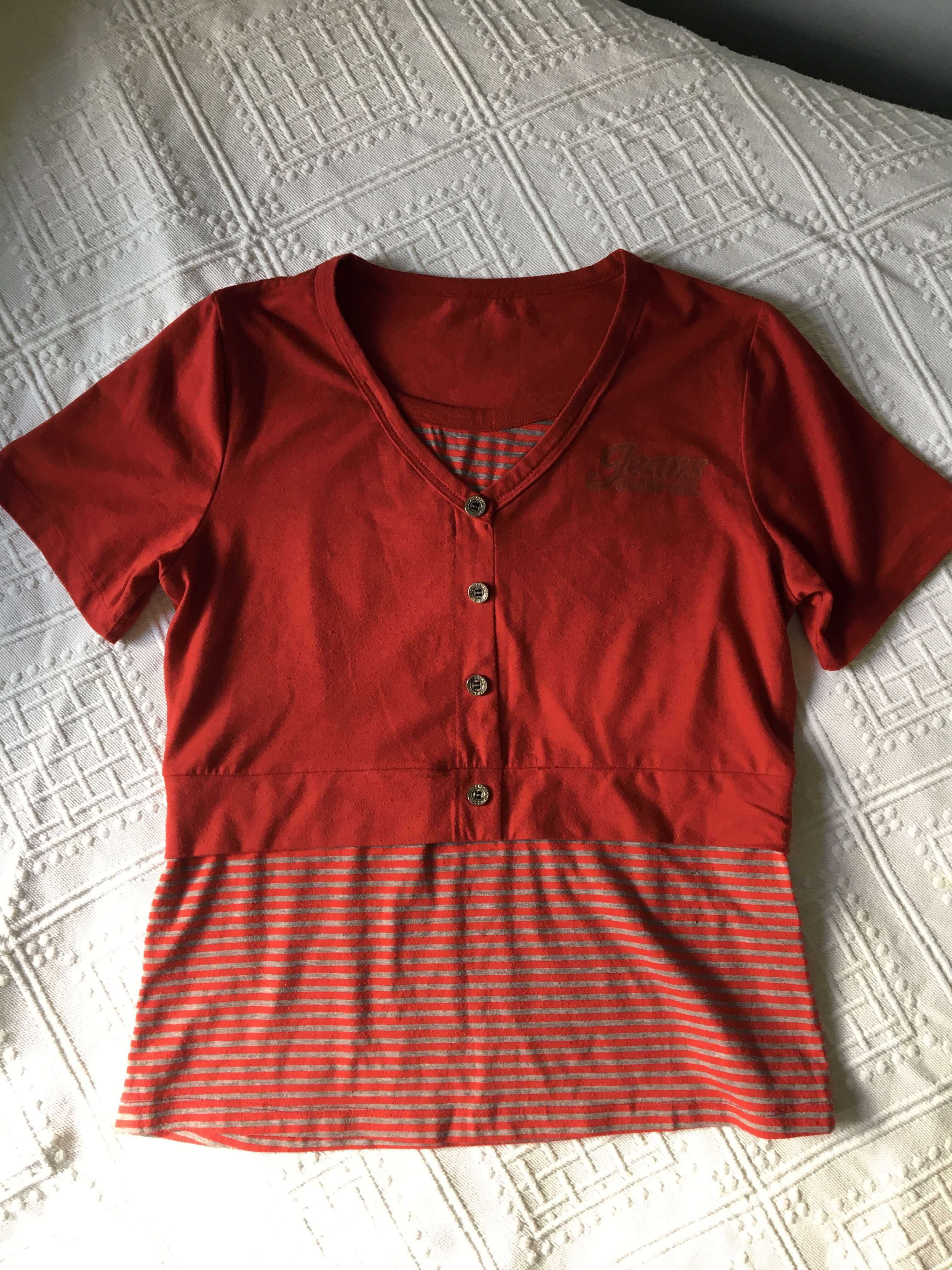 Bluzka czerwona na krótki rękaw w paski bawełna