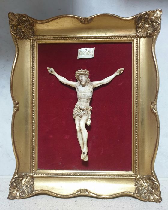 Maravilhosa antiga preciosa escultura de Cristo - emoldurada