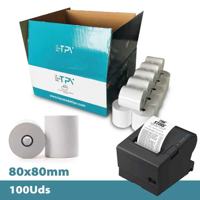 Caixa com 100 rolos de papel térmico 80 x 80 mm - Sem Bisfenol