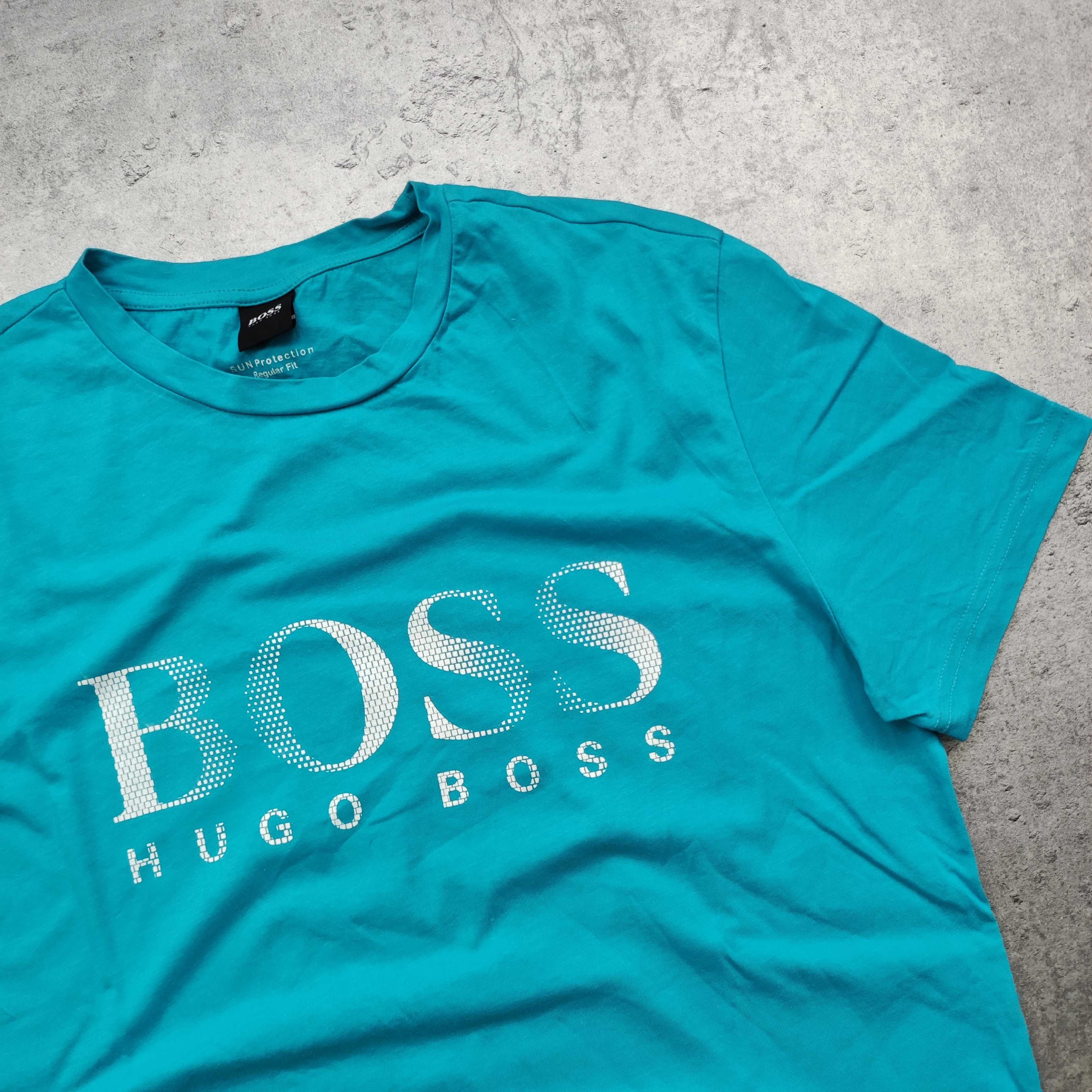 MĘSKA PREMIUM Koszulka Bawełna Morska Duże Logo Hugo Boss Nadruk Lato