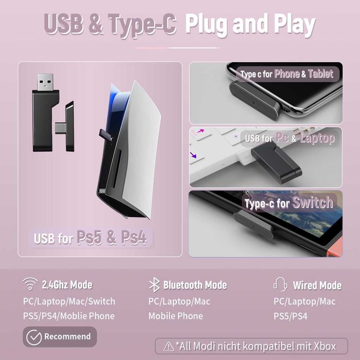 Ozeino OW810 Gaming Headphones, Wireless Gaming Headset mit Mikrofon