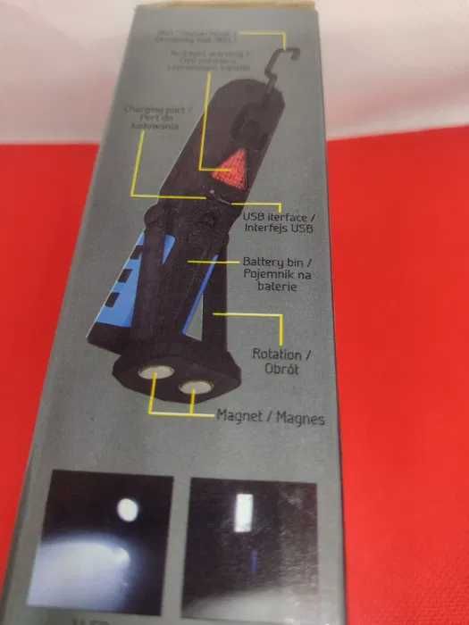 Lampa warsztatowa COB latarka LED magnes aku ładowarka hak namiot