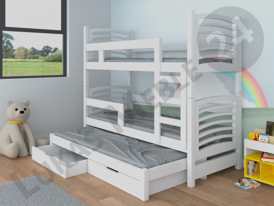 Łóżko dziecięce piętrowe OLI 3 z wysuwanym spaniem + materace GRATIS