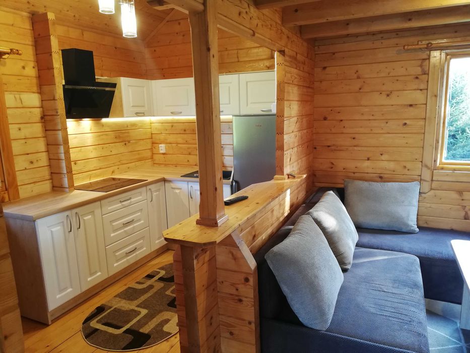 Domek letniskowy na Mazurach nad jeziorem, z linią brzegową jeziora