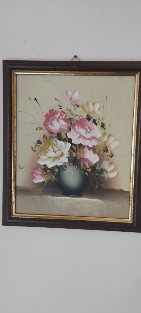 Kwiaty w wazonie - 3 obrazy ręcznie malowane .drewniana ramka brąz ze