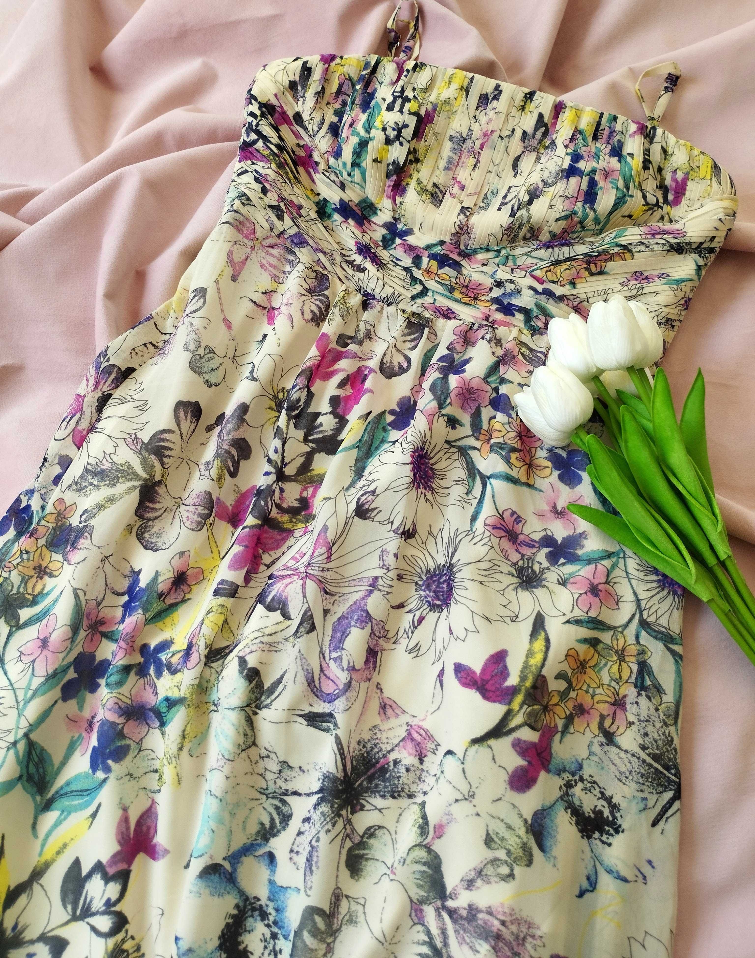 Spirit długa maxi kremowa sukienka w kwiaty. Rozmiar XS / S
