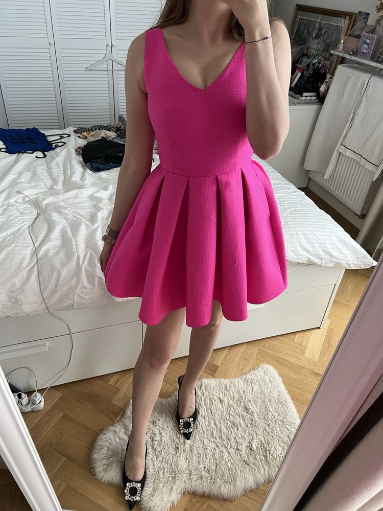 Elegancka sukienka na wesele XS Różowa A.Rudzka wizytowa neonowa
