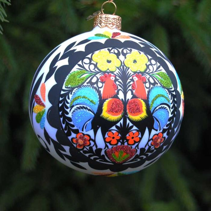 Bombka wycinanki łowickie 2 koguty - rękodzieło od Bombkarnia