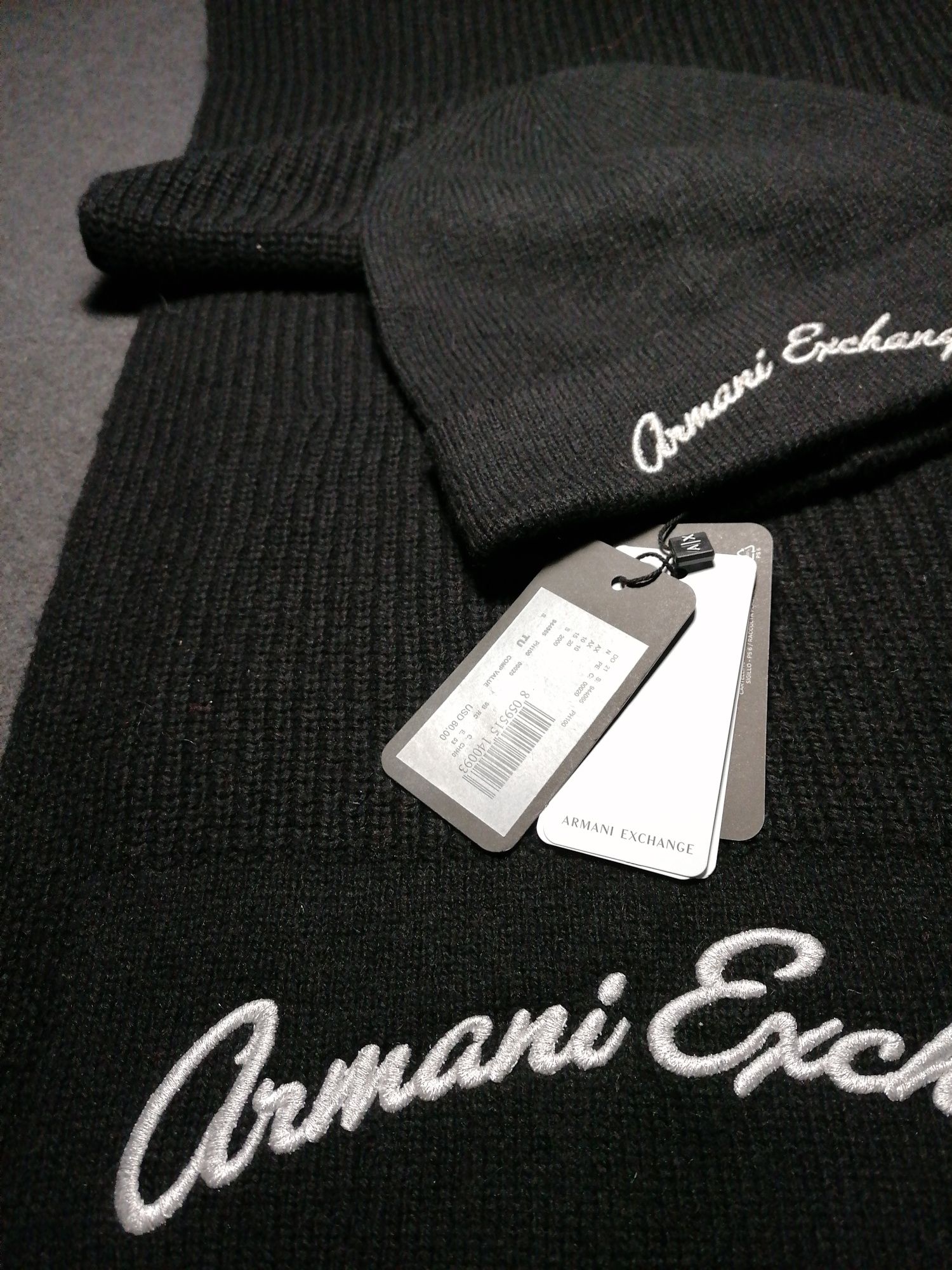 Czapka i szalik Armani Exchange NOWE z metkami czarne