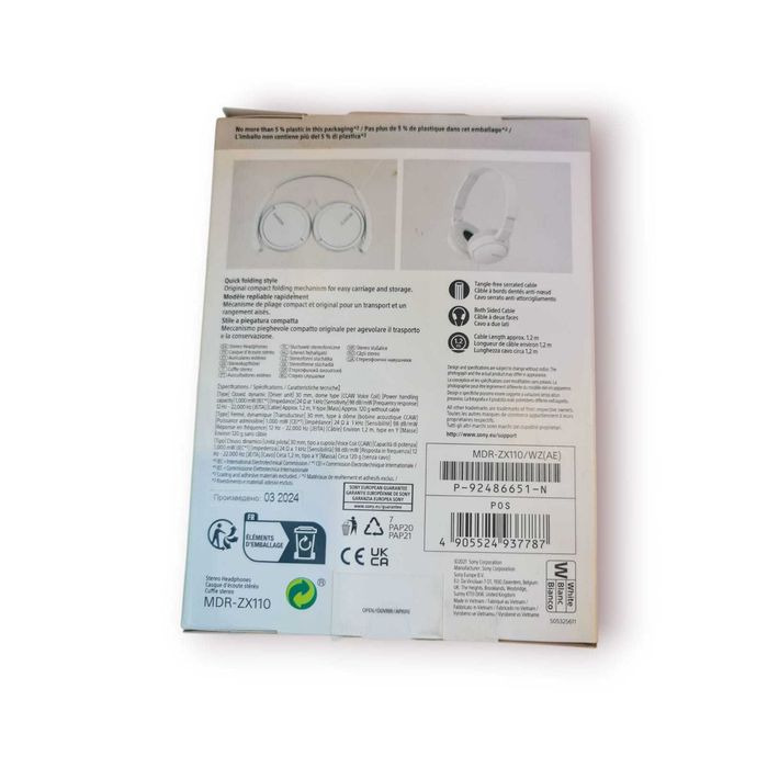 Auscultadores SONY MDR-ZX110 – com fio, cor branco –(nunca utilizados)