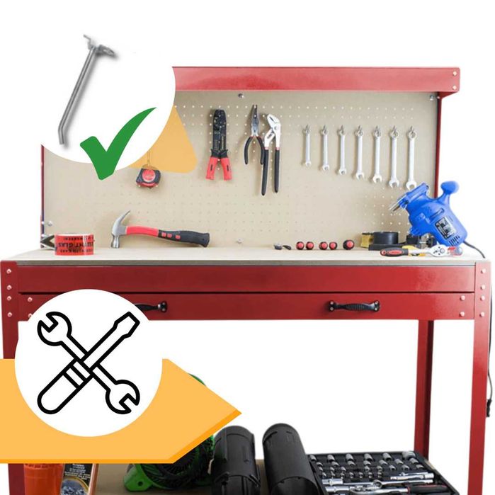 Stół warsztatowy z szufladą + haki 12x | 115x55 cm 100kg stabilny