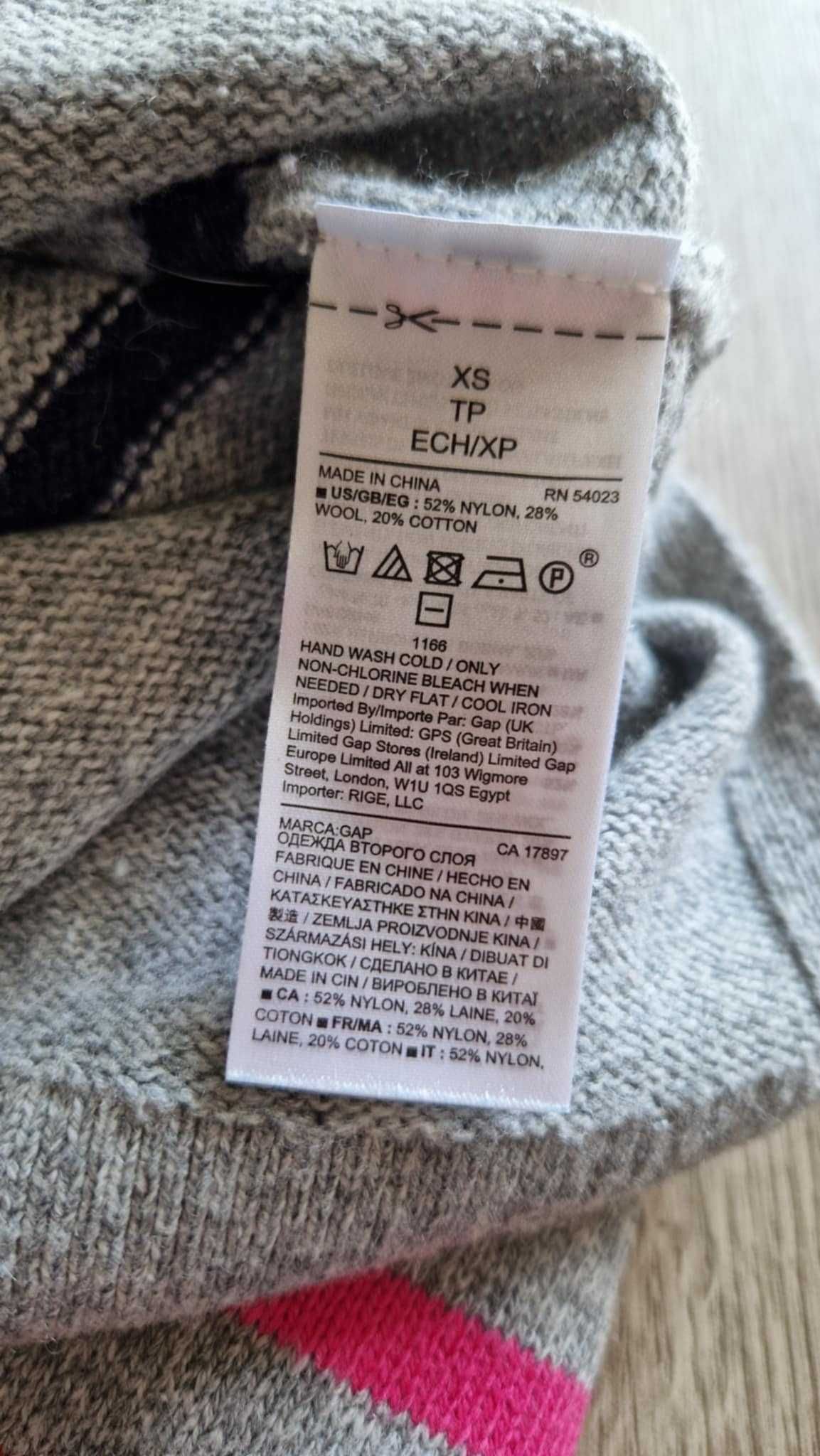 Szary sweter • w kolorowe paski • GAP 34/XS • nylon wełna bawełna