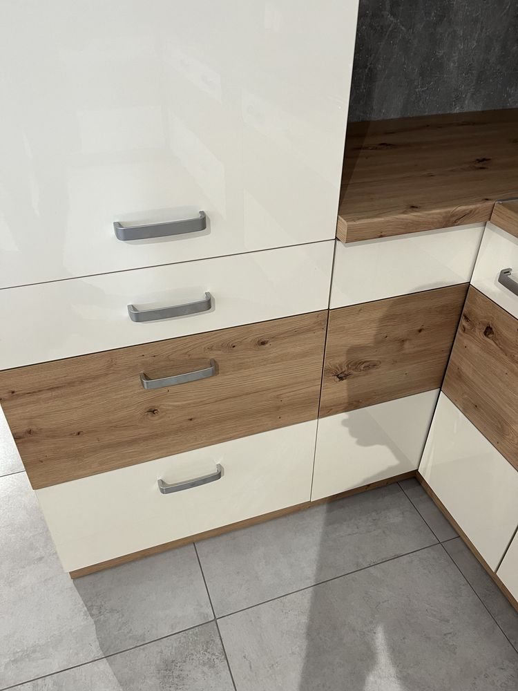NOWY komplet mebli kuchennych kuchnia biały połysk dąb 310 x 105 rejs