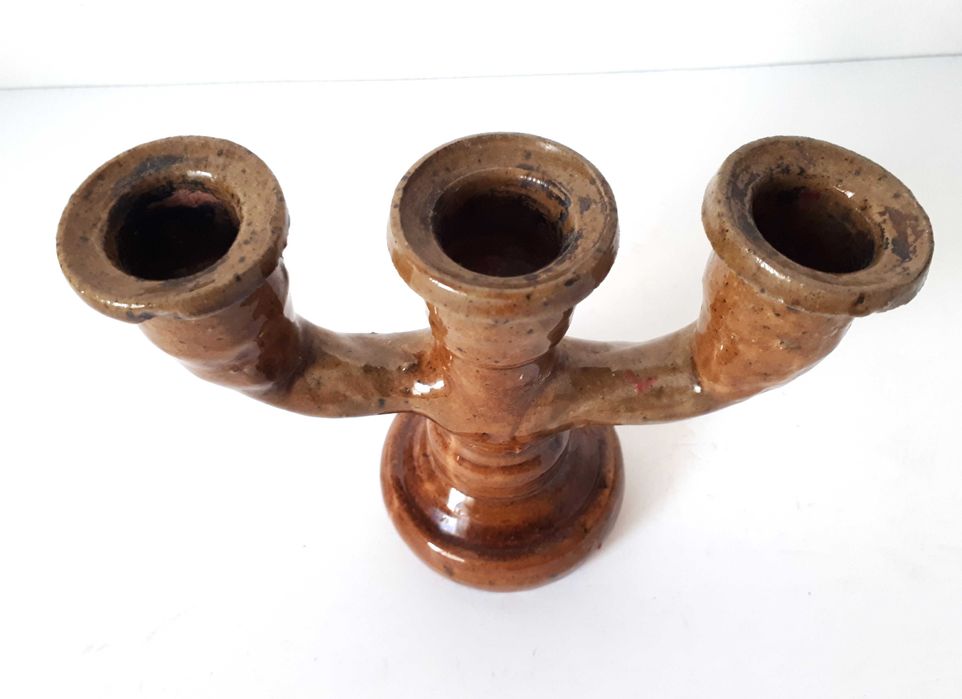 świecznik ceramiczny Iłża Chałupnik Cepelia trójramienny vintage